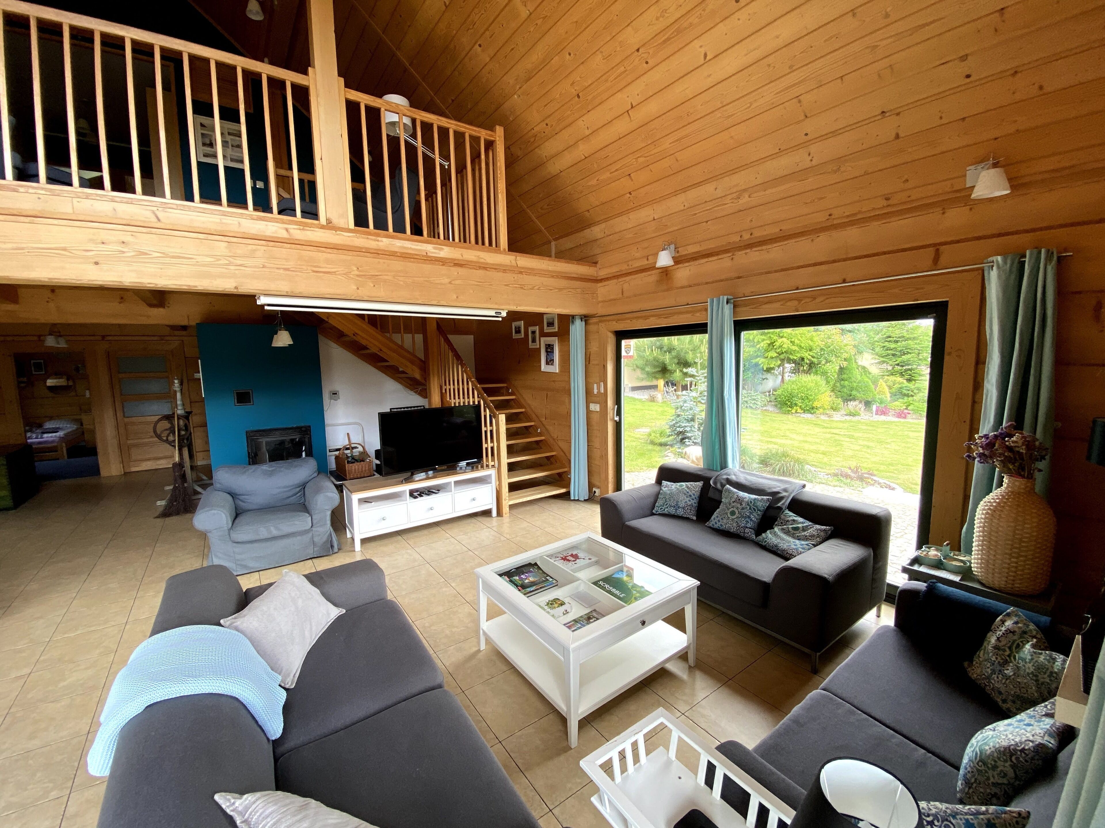 Smart TV, chimenea, reproductor de DVD y libros 