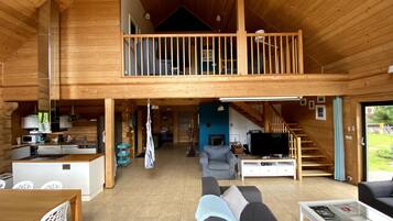 Smart TV, fireplace, DVD player, books