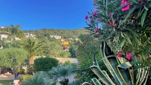 A landscaped garden with various plants, rocks, and a view of houses in the background. - Beautiful house surrounded by an idyllic garden with salt water pool. (Calonge)