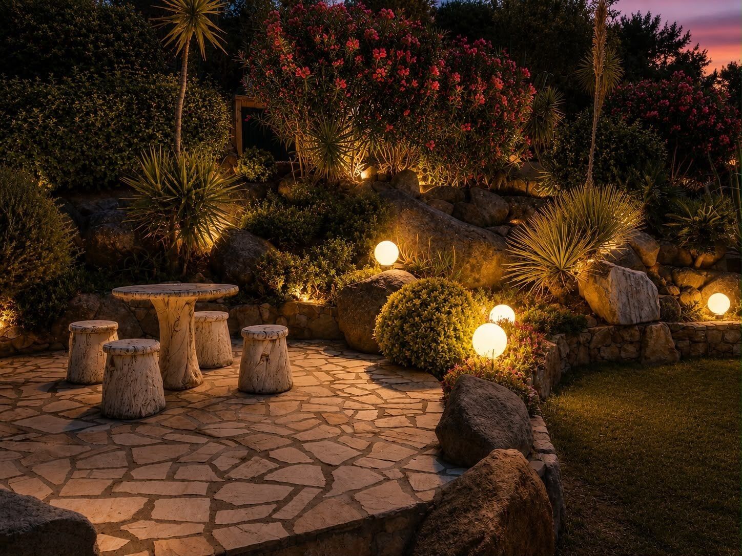 Une terrasse en pierre avec des tables et des tabourets ronds, entourée de différentes plantes et de rochers.