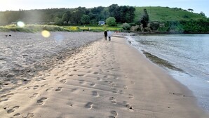 Une plage de sable où l’on voit des empreintes menant à l’eau, une colline verdoyante en arrière-plan et quelques personnes qui se promènent.
