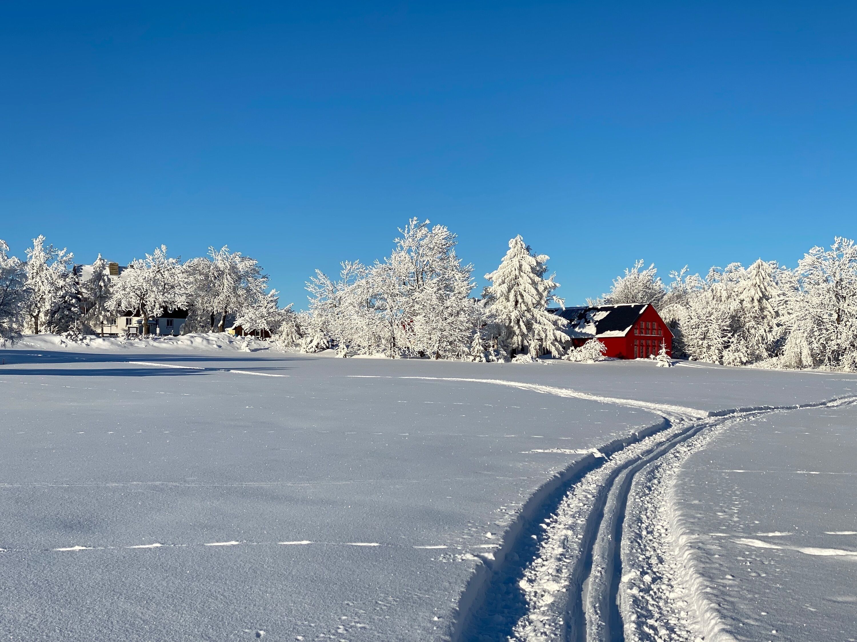Paesaggio innevato con un edificio rosso e alberi.