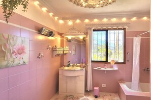 Combined shower/bathtub, hair dryer, bidet, towels