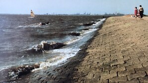 Una playa con un paseo marítimo empedrado y el océano.