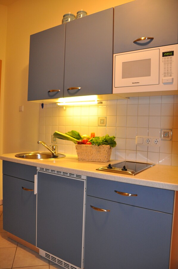 Fridge, microwave, coffee/tea maker, electric kettle