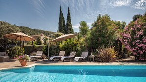 A swimming pool with lounge chairs and umbrellas, surrounded by lush greenery and tall trees. - Private sunny villa with large heated pool, air-conditioning and river access. (Céret)
