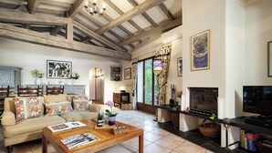 A spacious living room with a sofa, coffee table, and fireplace. There is a kitchen area with cabinets and a dining table. - Private sunny villa with large heated pool, air-conditioning and river access. (Céret)