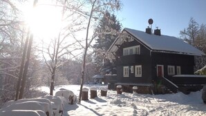 A snow-covered house with a clear sky, surrounded by trees and a snow-covered path. - Harzer Wiesenbaude - Holiday home with sauna and hot tub in a secluded location. (Braunlage)