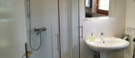 A bathroom with a glass-enclosed shower, a pedestal sink, and a mirror above the sink.
