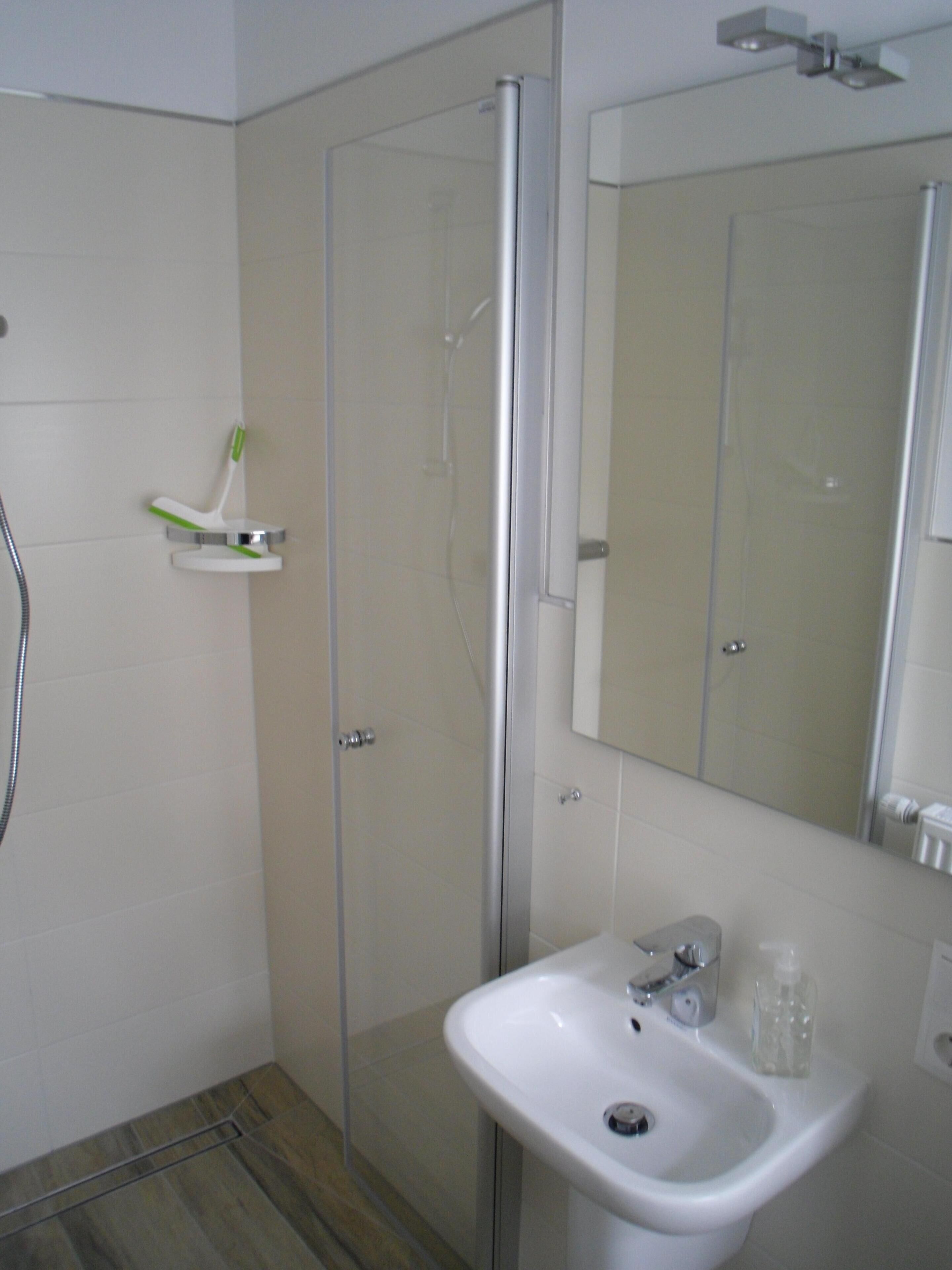 Une salle de bain avec une douche à parois de verre, un lavabo blanc et un miroir au-dessus.