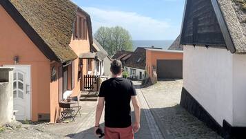 A narrow cobblestone street lined with traditional buildings, a person walking away from the camera, and a clear view of the sea in the distance.