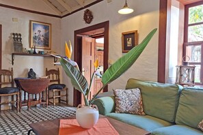 Fireplace, books, stereo - Lovingly furnished country house, large garden, 3 terraces, great sea views (Tijarafe)