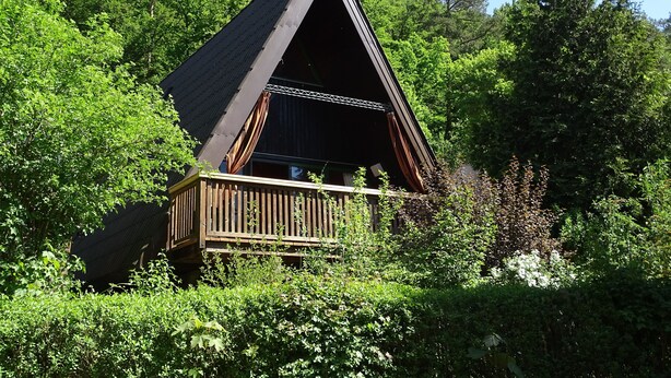 Une cabane en bois, dotée d’un toit à pente, entourée d’une végétation luxuriante.