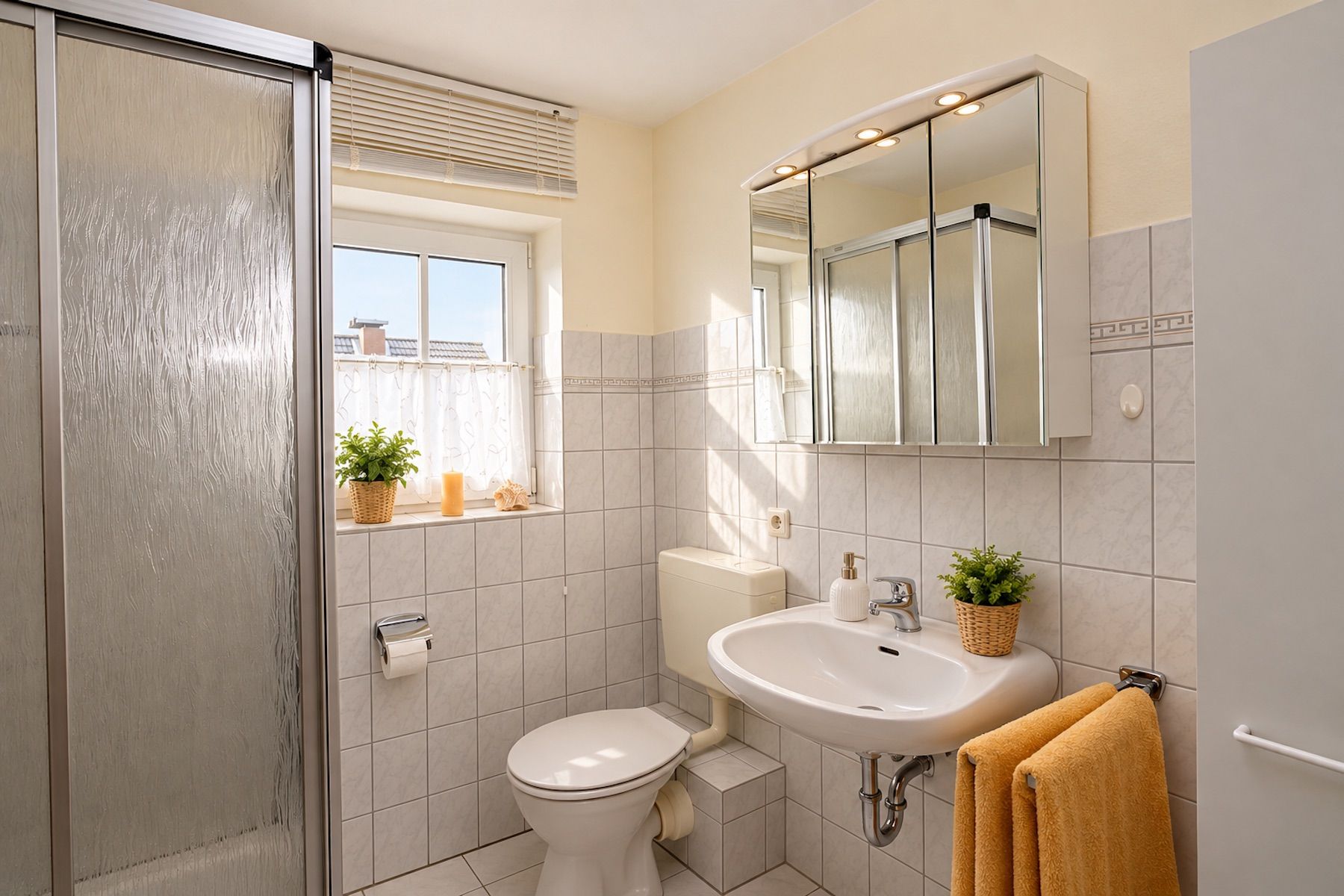Une salle de bain avec des toilettes, un lavabo et une douche.