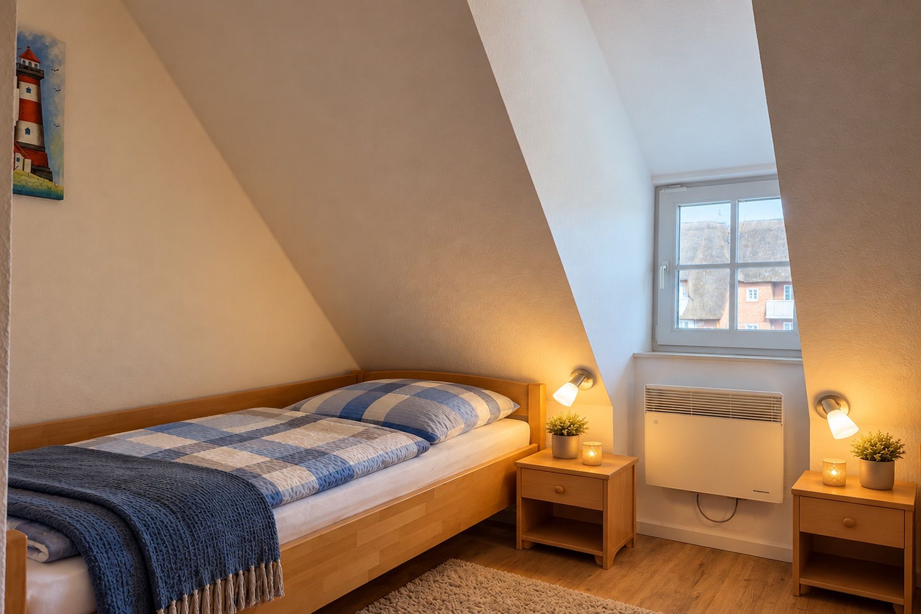 Un dormitorio con techo inclinado, una cama con colcha a cuadros azul y blanco, dos mesitas de noche con lámparas, una ventana con vistas a edificios y un aire acondicionado instalado en la pared.