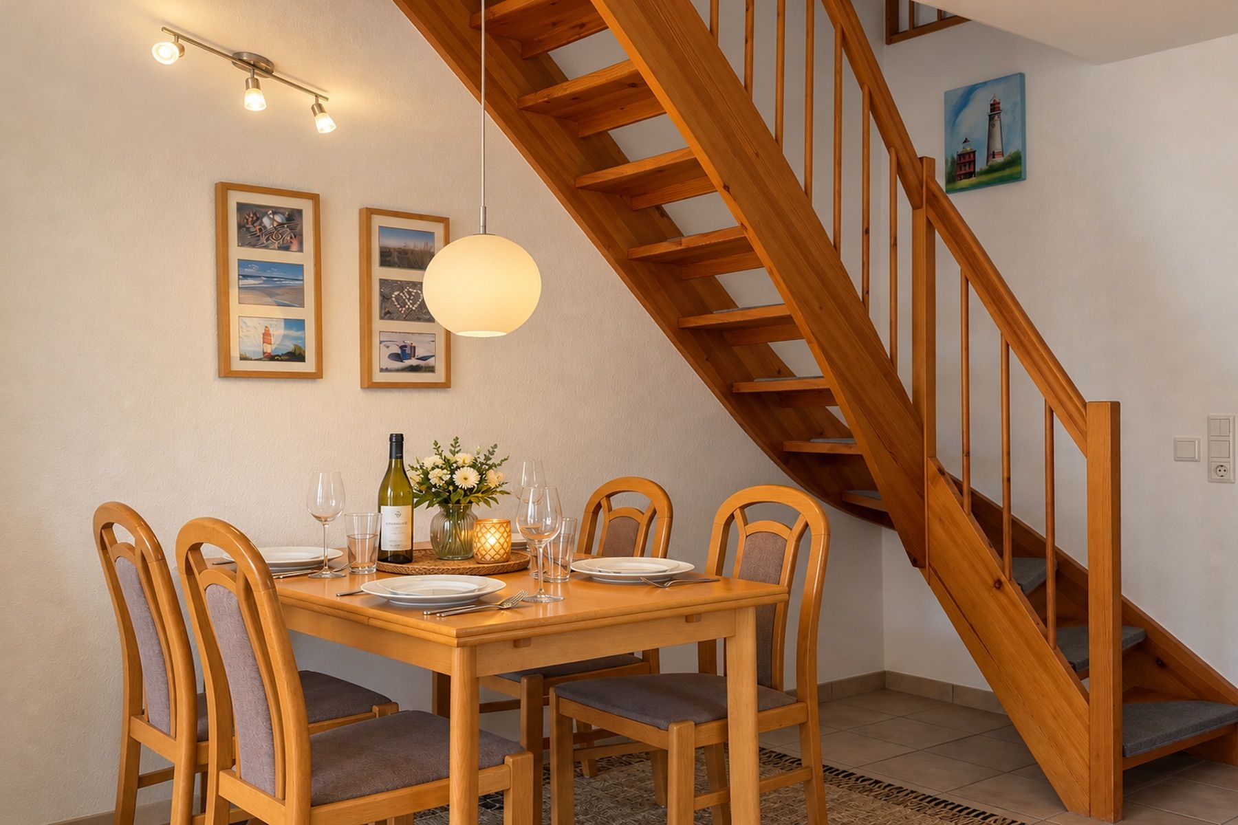 Un coin repas avec une table en bois dressée pour quatre personnes, entourée de chaises dotées d’assises rembourrées. Un escalier en bois avec une rampe est visible à l’arrière-plan.