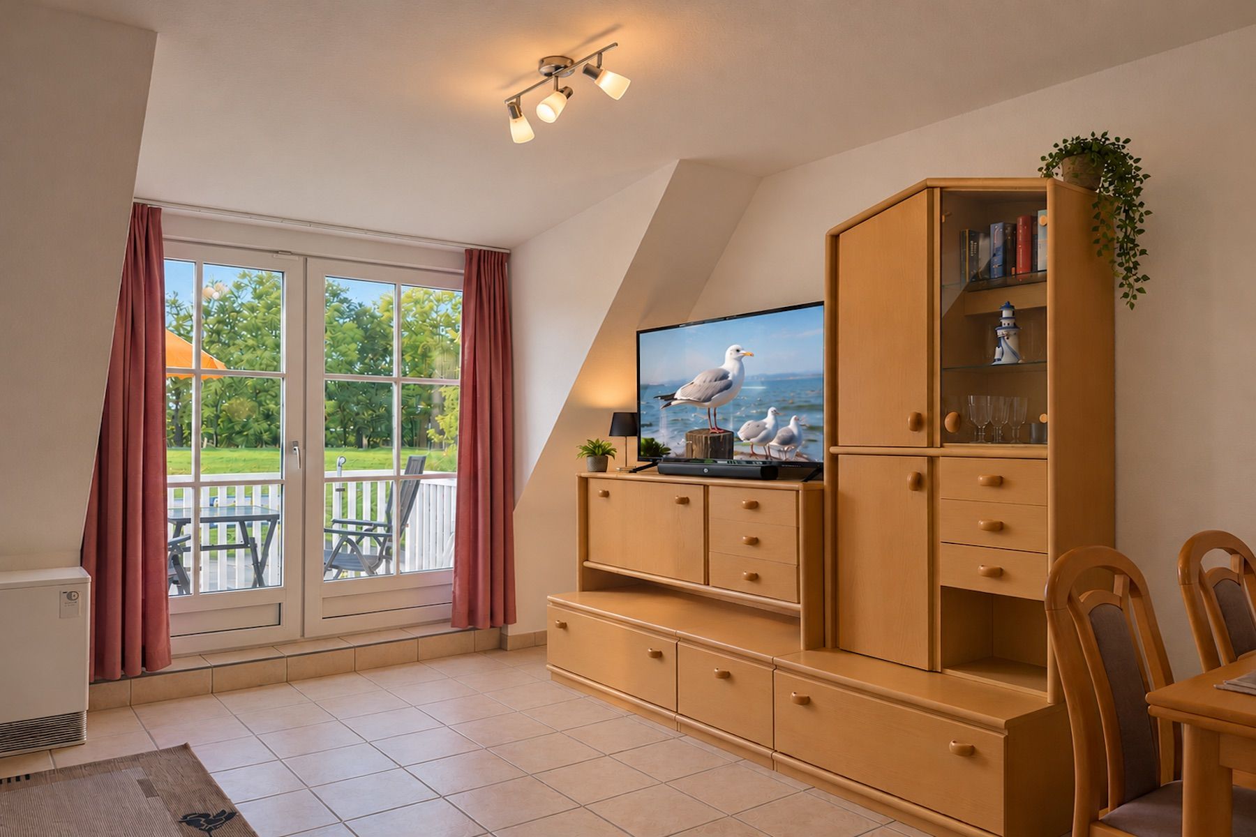 A room with a television on a wooden cabinet, a dining table with chairs, and a view through a glass door to an outdoor area.