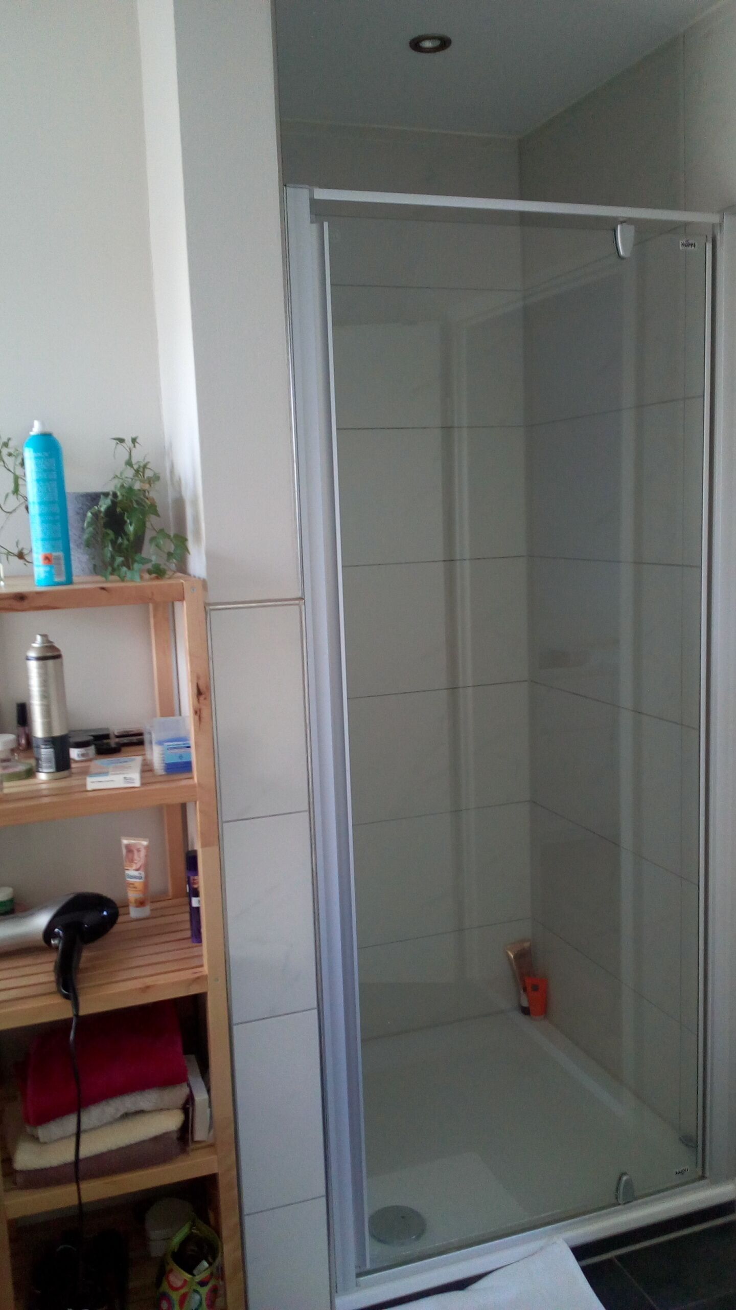 Een badkamer met een douchecabine van glas, een houten plank met toiletartikelen en een betegelde vloer.