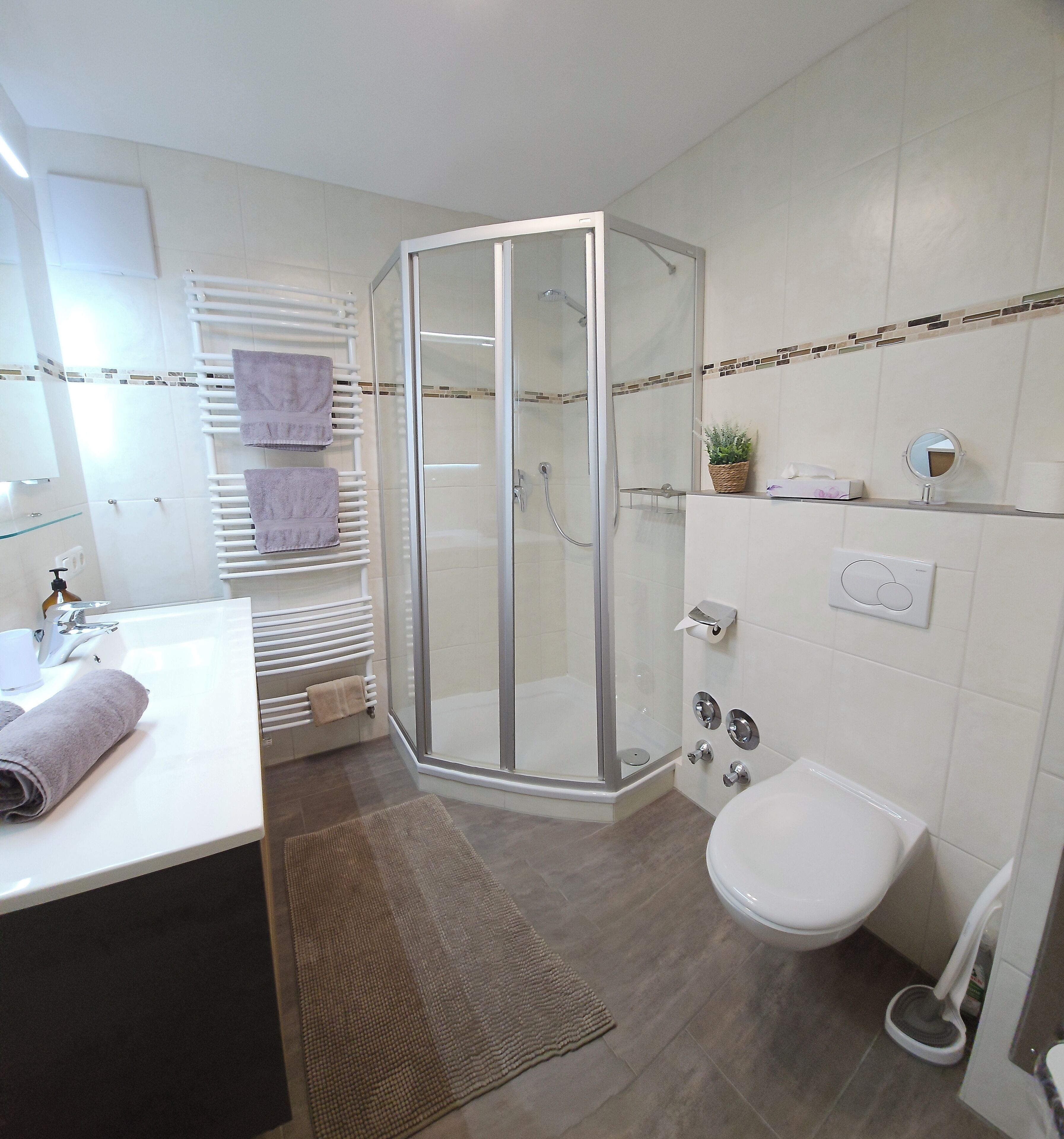 Ein modernes Badezimmer mit einer Duschkabine aus Glas, einem weißen Waschbecken und einer Toilette.