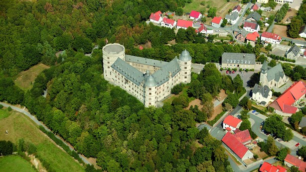 An aerial view of a castle surrounded by dense forest, with a small village nearby.