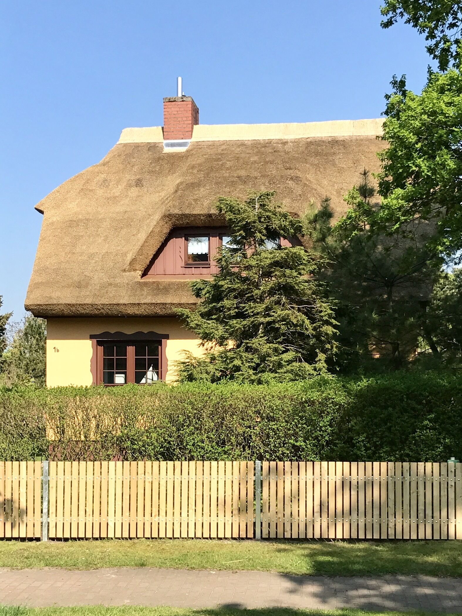 Een traditioneel rieten huis met schoorsteen, omringd door weelderige begroeiing en een houten hek.