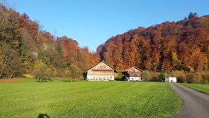 A rural landscape with a barn and a house surrounded by autumn-colored trees.