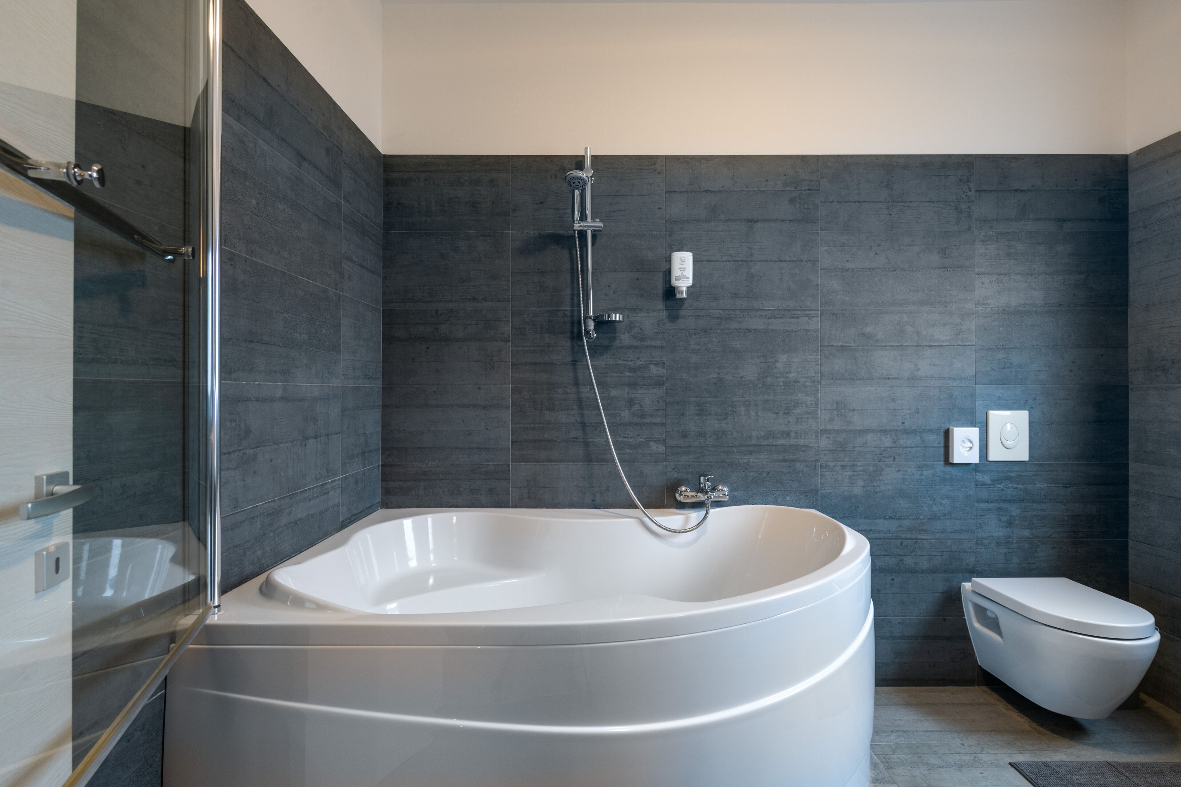 Combined shower/tub, hair dryer, towels, soap