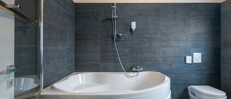 Ensemble baignoire-douche, séchoir à cheveux, serviettes fournies, savon
