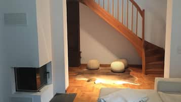 Fernseher, Kamin, DVD-Player, Videothek