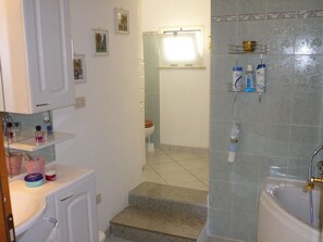 Bathtub, hair dryer, towels