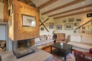 TV, caminetto, libri