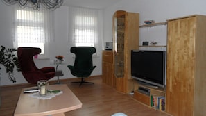 TV, DVD player, books, video library