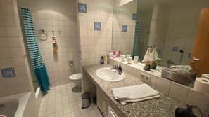 Ducha y bañera combinadas, secador de pelo, toallas y papel higiénico