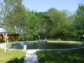 A pond with a wooden dock, surrounded by lush greenery and trees. - Spacious exclusive apartment on the 1st floor with a natural pond (Wittmund-Buttforde)