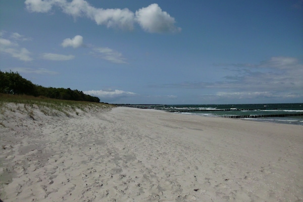 On the beach, sun loungers