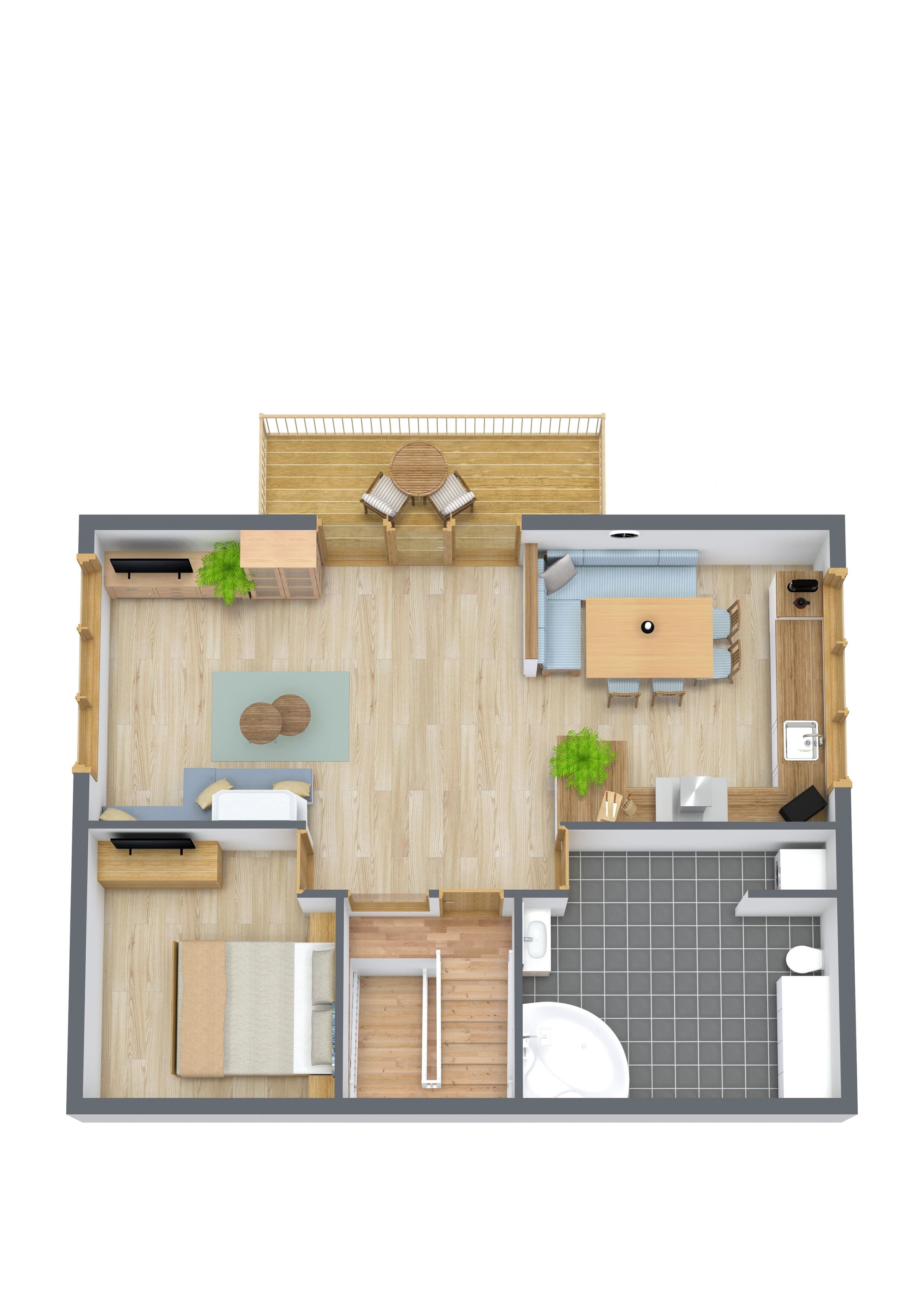 Indeling van een appartement met twee slaapkamers, een woonkamer, een eetruimte, een keuken en twee slaapvertrekken.