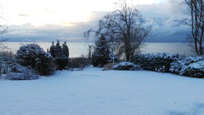 A snowy landscape with a body of water, leafless trees, and snow-covered bushes. - Apartment with stunning sea views directly above the beach promenade  (Sassnitz)
