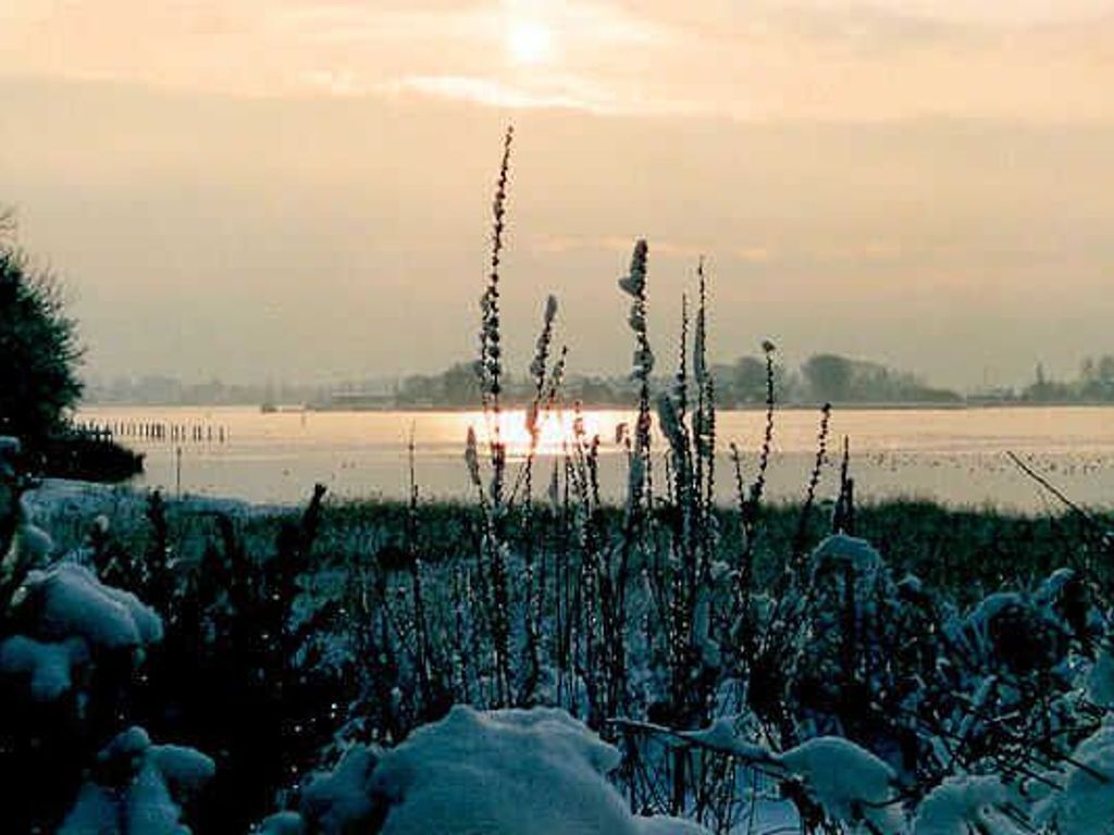 A snowy landscape with a body of water and distant buildings.