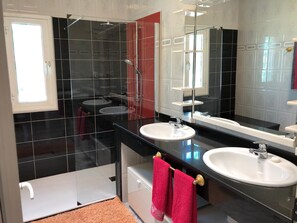 Shower, hair dryer, bidet, towels