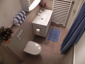 Regadera, secadora de cabello, toallas, papel de baño