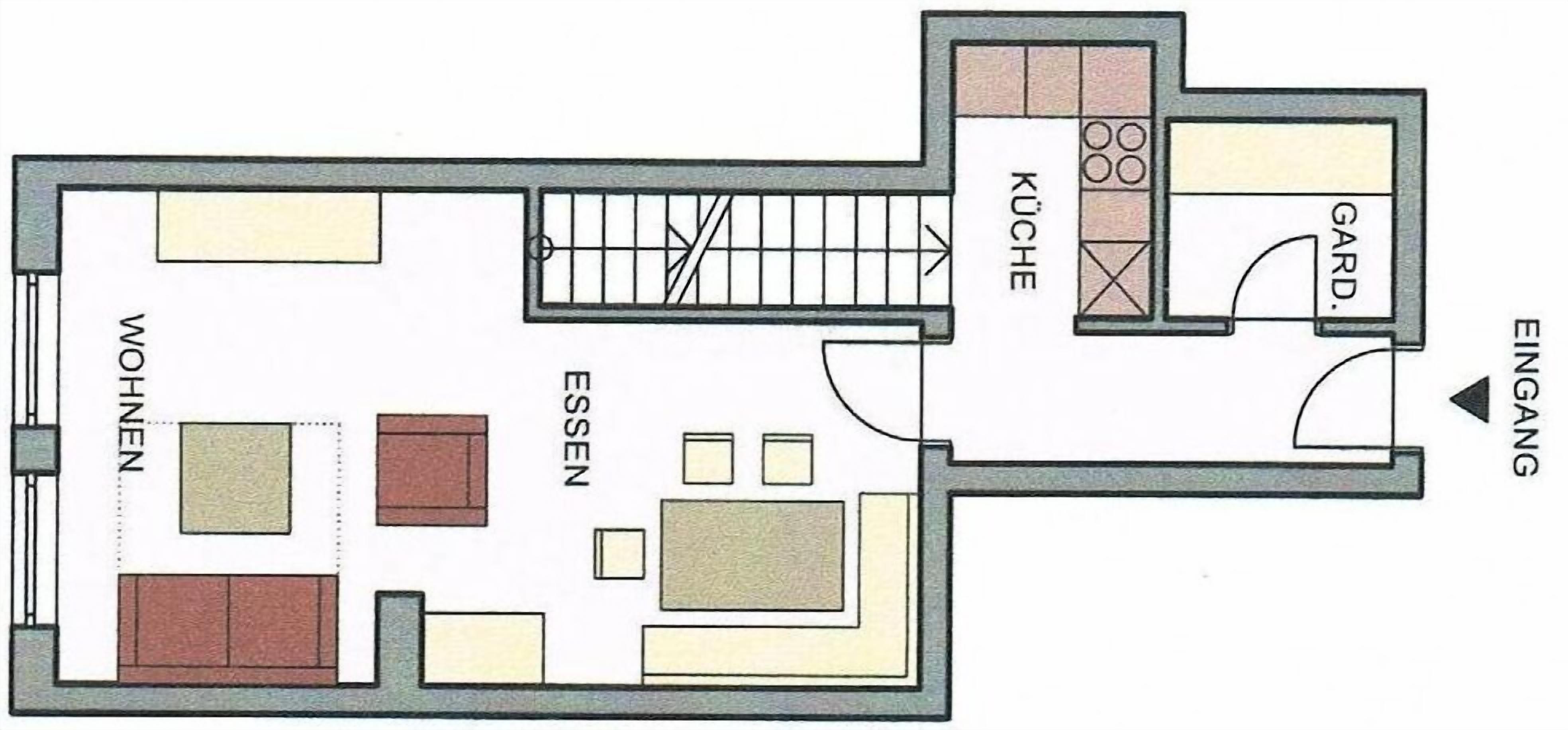 A floor plan with a living room, kitchen, dining area, and a small garden.