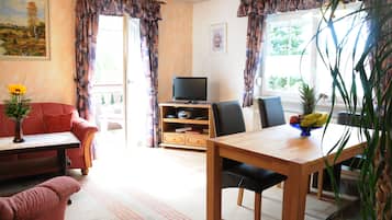 TV, DVD player, books, video library