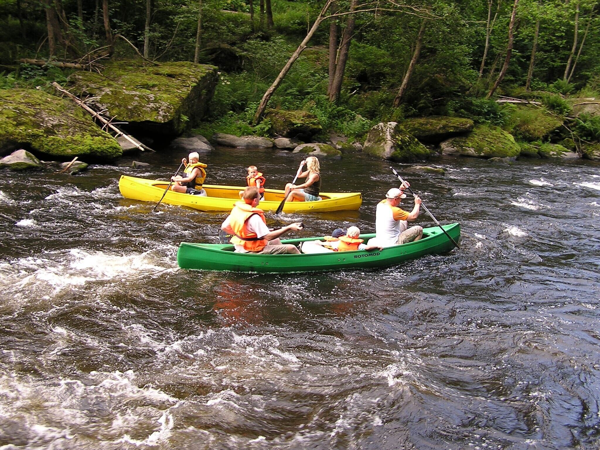 People kayaking on a river surrounded by greenery.