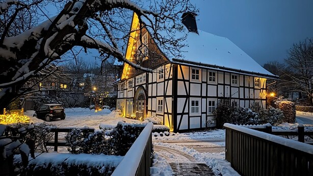 Un bâtiment traditionnel à colombages, avec un toit enneigé et une tour illuminée.