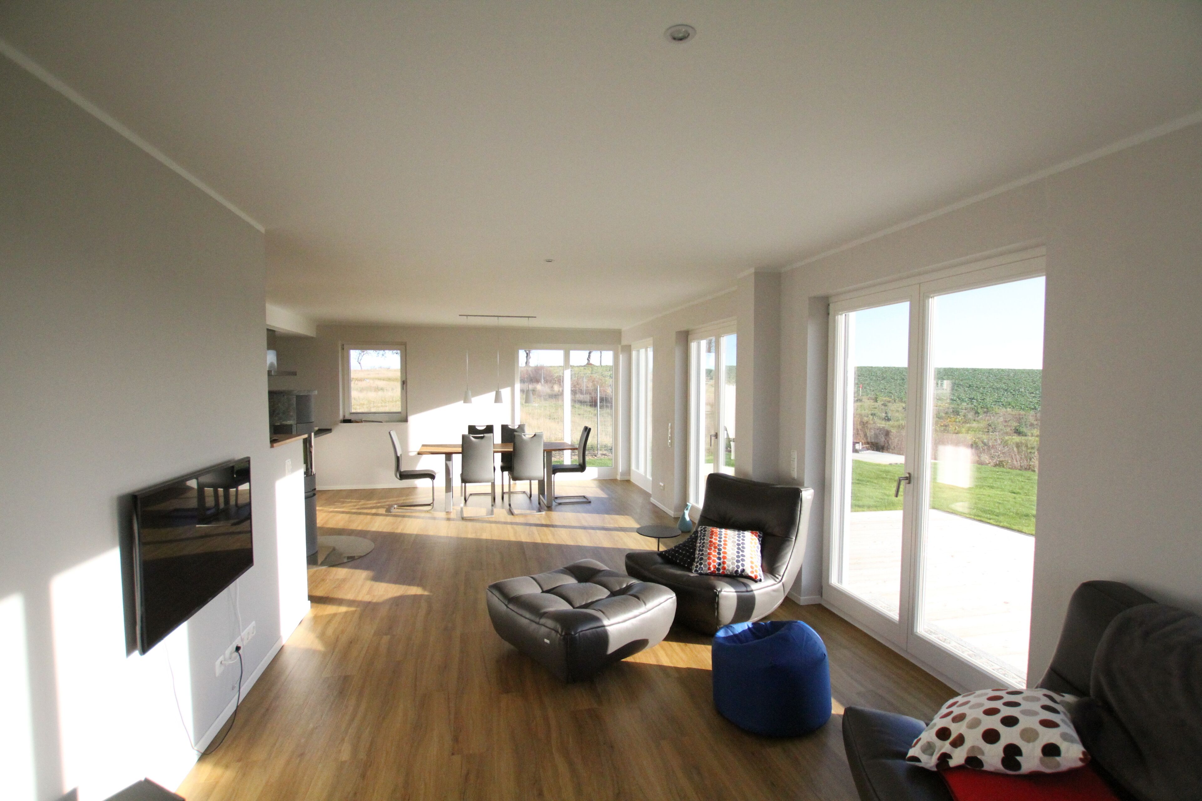 Smart-tv, eldstad och böcker