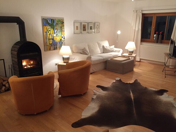 Smart TV, fireplace, DVD player, books