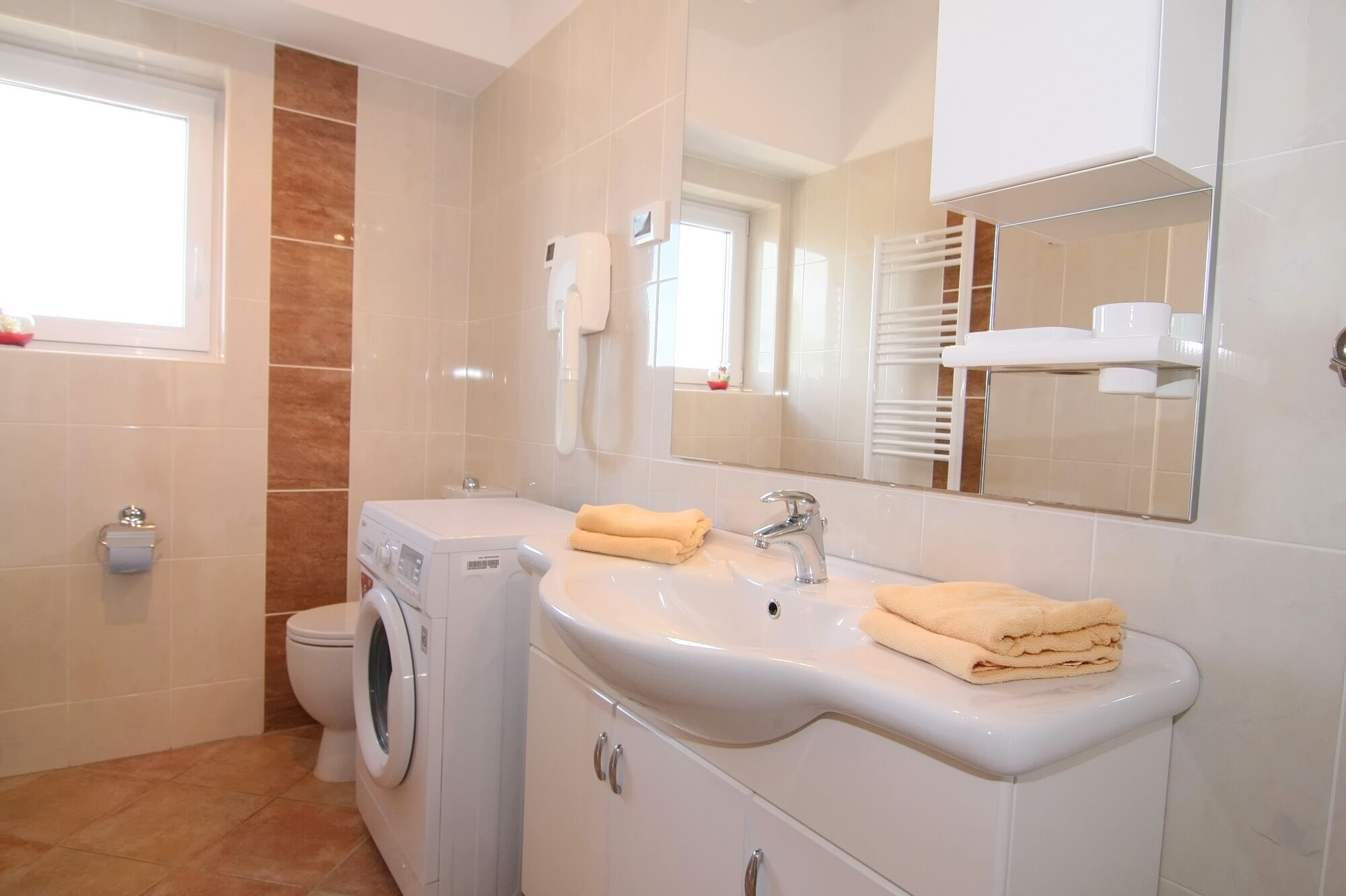 Une salle de bain moderne équipée d’un lave-linge, d’un évier et de toilettes.