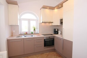 Fridge, microwave, oven, stovetop - Meernahe Holiday Apartment Puccini in top location and panoramic view (Porec)