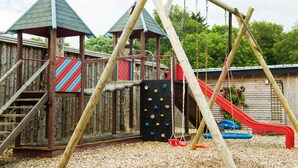 A playground with wooden structures, including a slide and climbing wall, surrounded by a wooden fence. - Ferienhof - Weites - Land, large apartment with terrace, garden and children's playground (Stadtkyll)