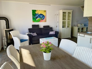 Smart TV, fireplace, DVD player, books